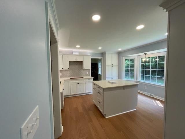 Modern kitchen with white cabinets, island, hardwood floors, and large windows for natural light.